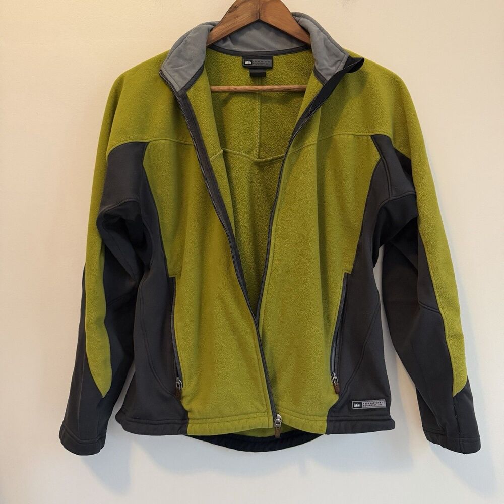 REI Jacket Womens Large Green Gray Polartec Fleece Full Zip Outdoor Hiking